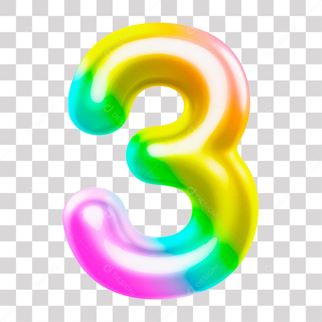 Número 3D 3 Arco Íris para Composição PNG Transparente Sem Fundo