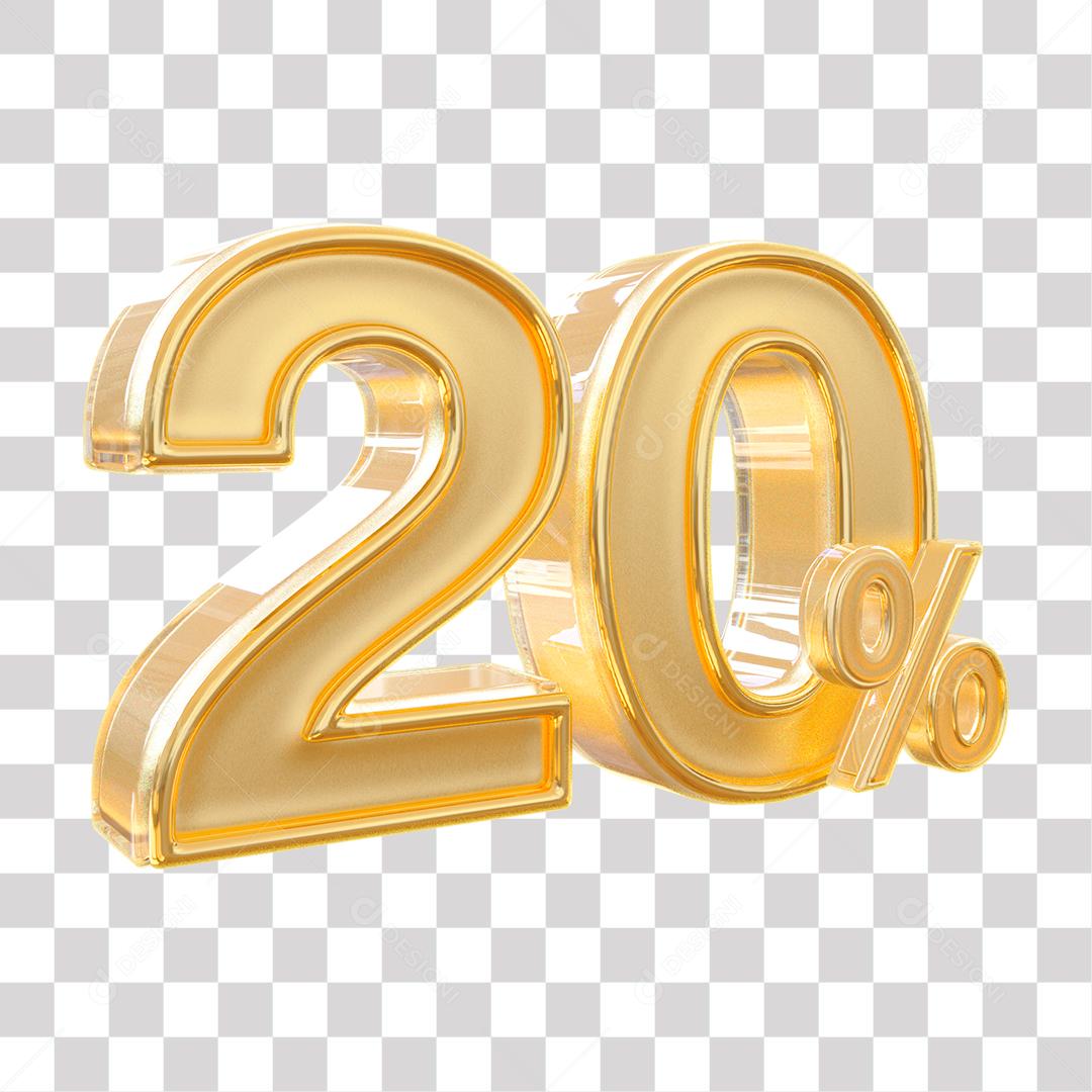 Número 3D 20% Dourado Elemento Para Composição PNG Transparente Sem Fundo