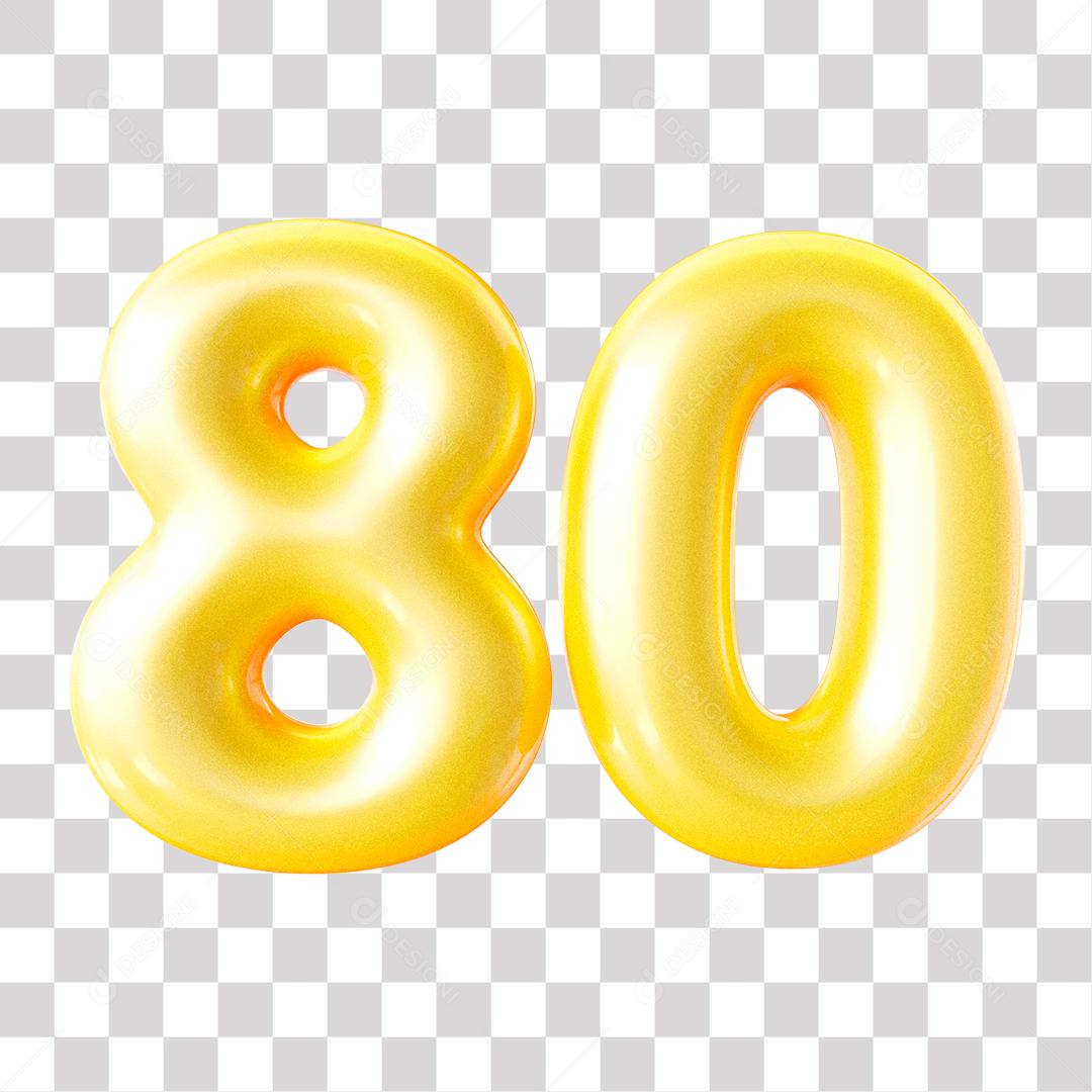 Número 3D 80 Dourado para Composição PNG Transparente Sem Fundo