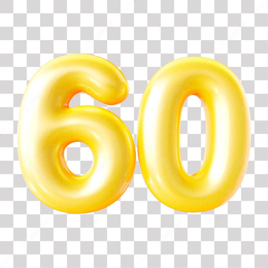 Número 3D 60 Dourado para Composição PNG Transparente Sem Fundo
