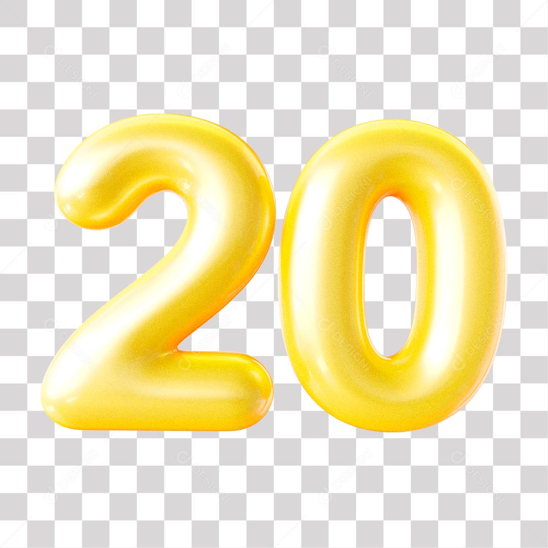 Número 3D 20 Dourado para Composição PNG Transparente Sem Fundo