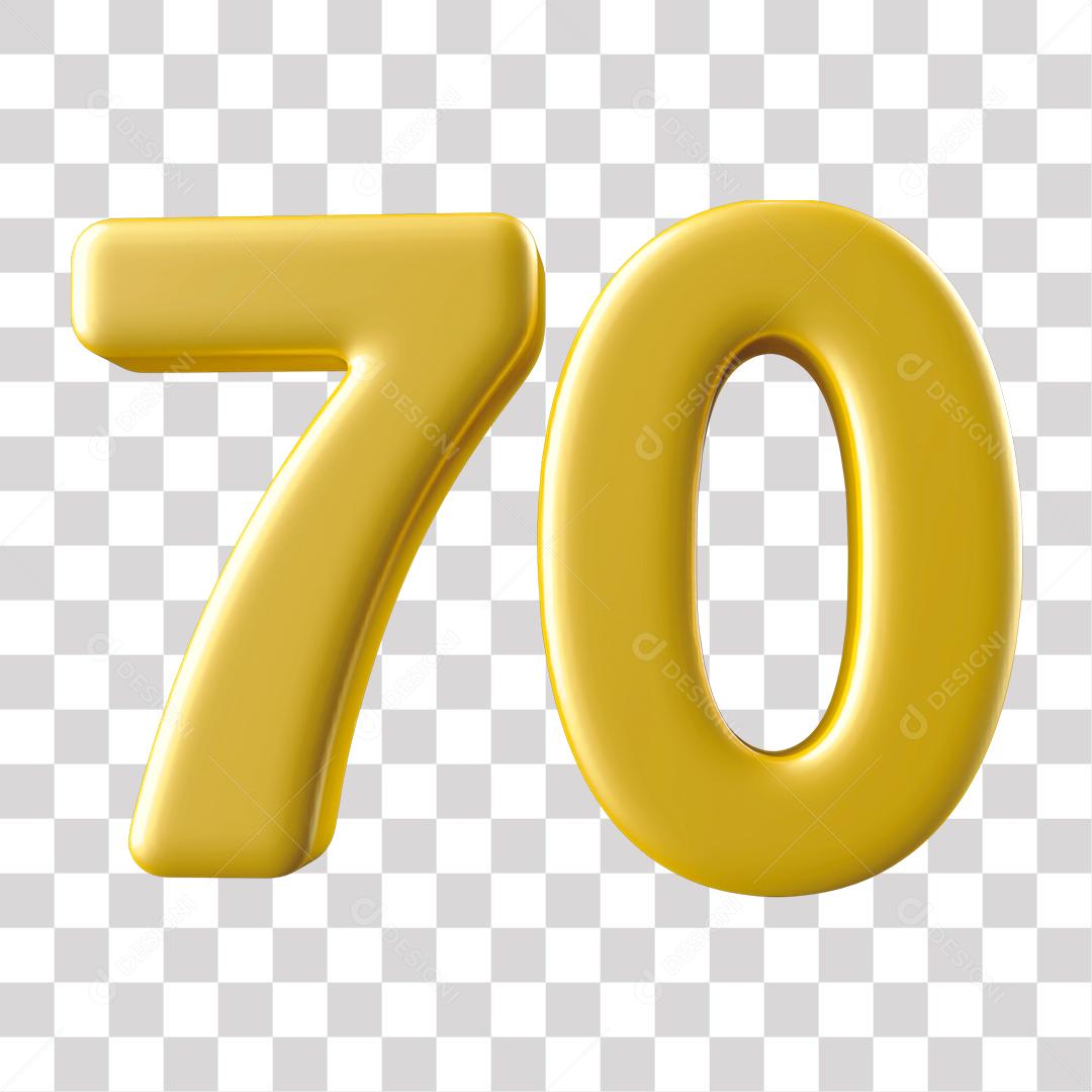 Número 3D 70 Dourado para Composição PNG Transparente Sem Fundo