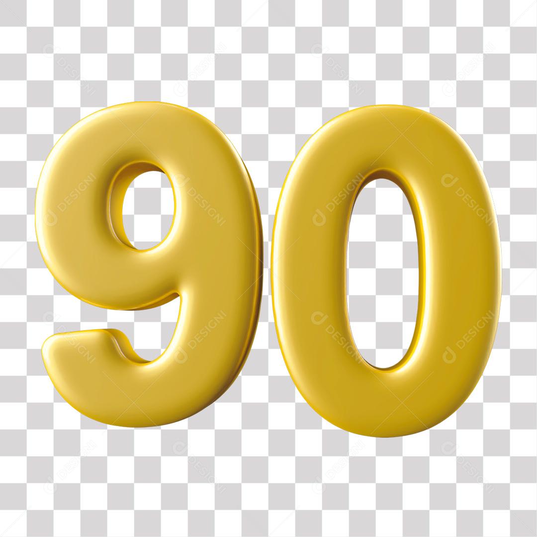 Número 3D 90 Dourado para Composição PNG Transparente Sem Fundo