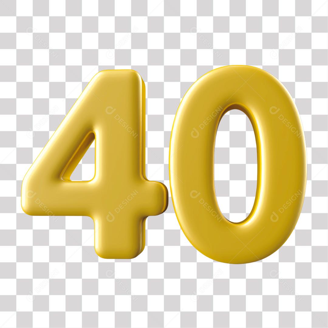 Número 3D 40 Dourado para Composição PNG Transparente Sem Fundo