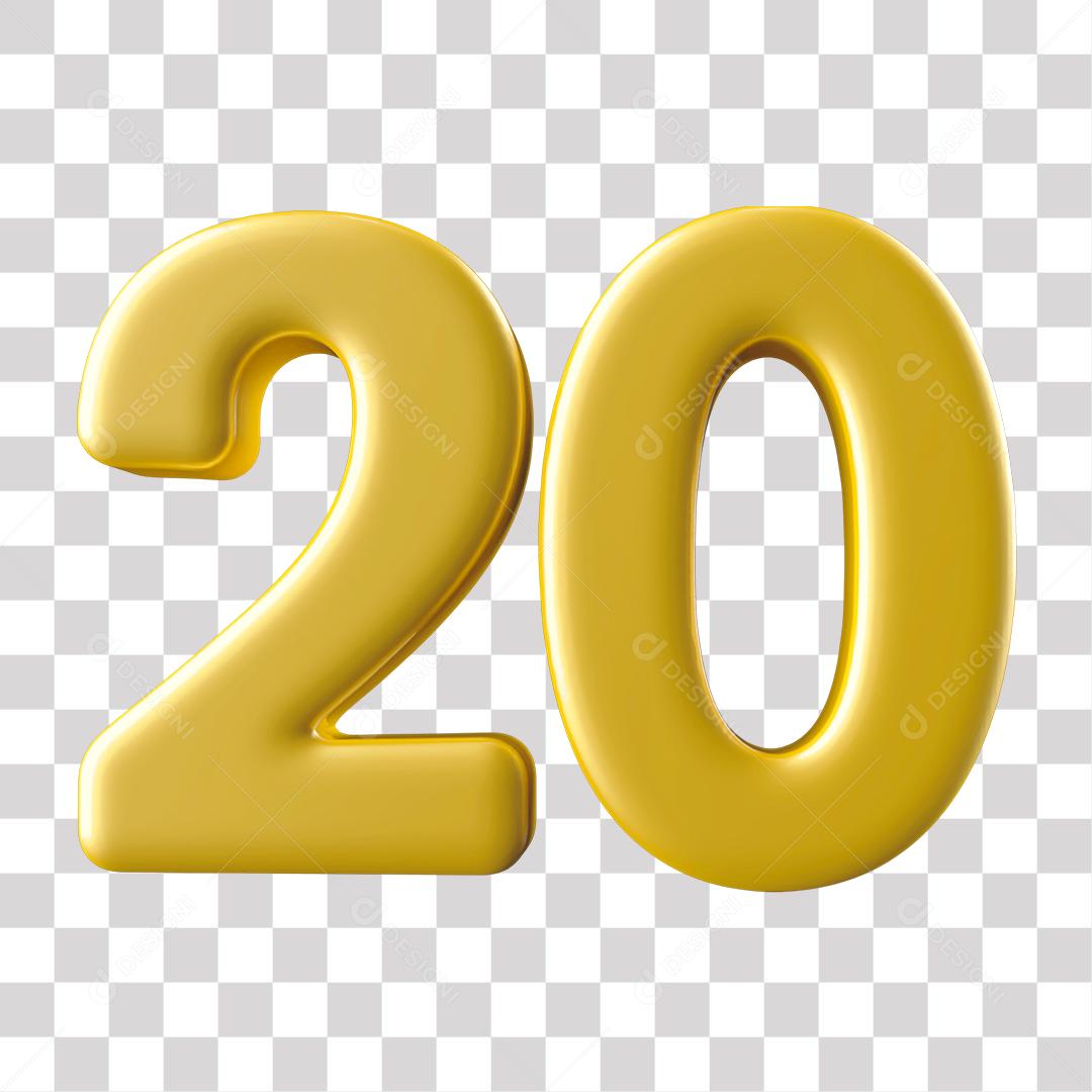 Número 3D 20 Dourado para Composição PNG Transparente Sem Fundo