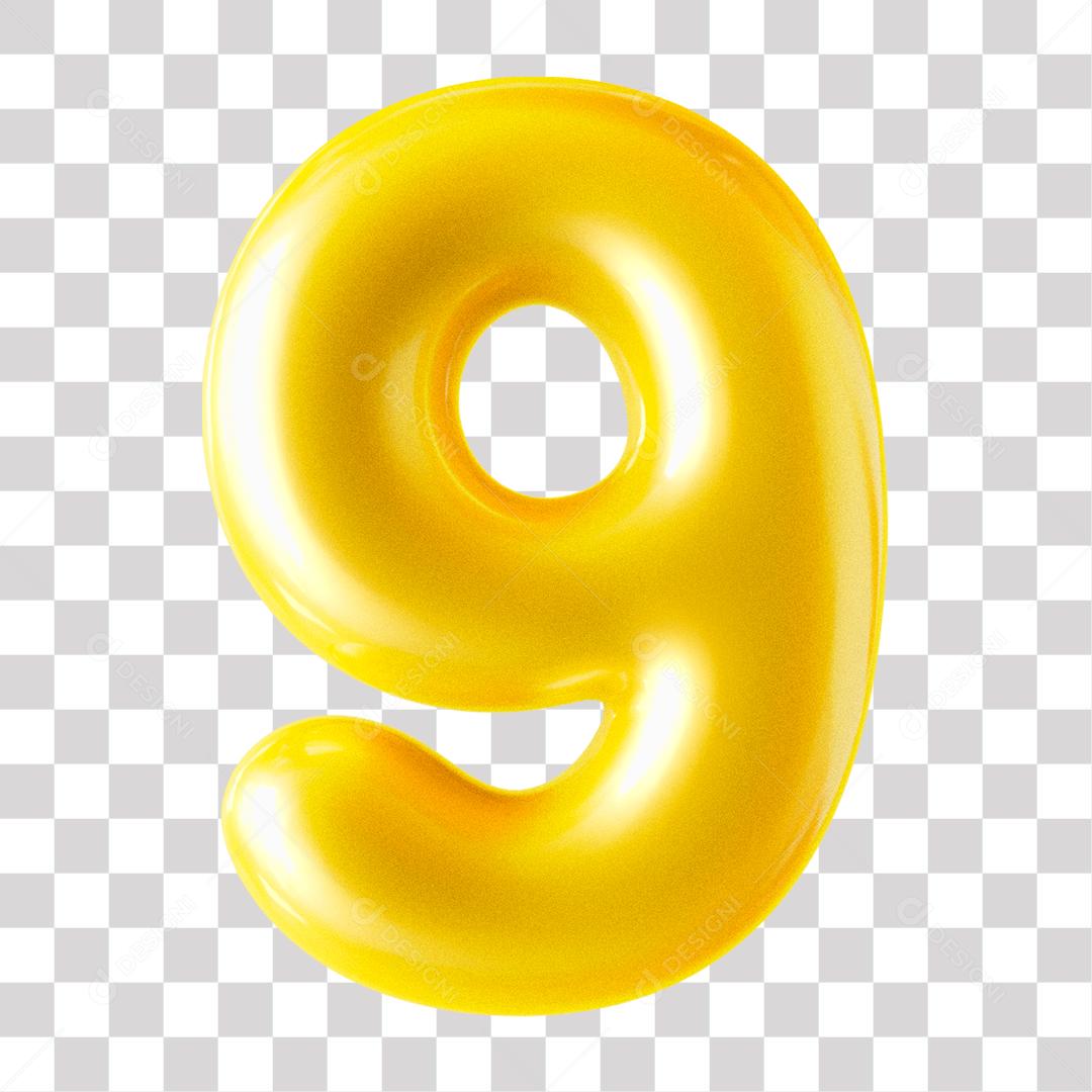 Número 3D 9 Dourado para Composição PNG Transparente Sem Fundo