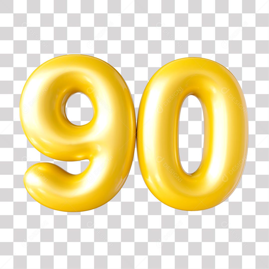 Número 3D 90 Dourado para Composição PNG Transparente Sem Fundo
