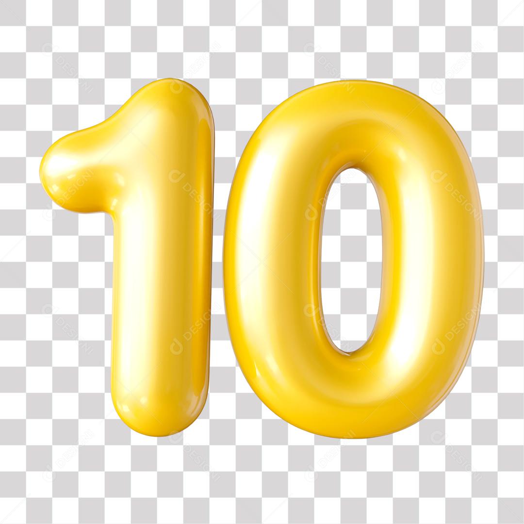 Número 3D 10 Dourado para Composição PNG Transparente Sem Fundo