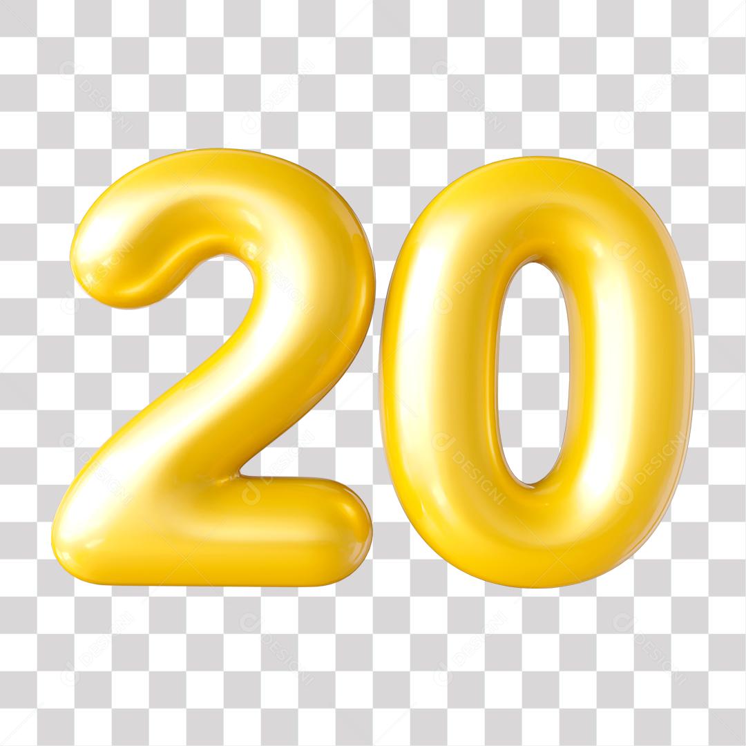 Número 3D 20 Dourado para Composição PNG Transparente Sem Fundo