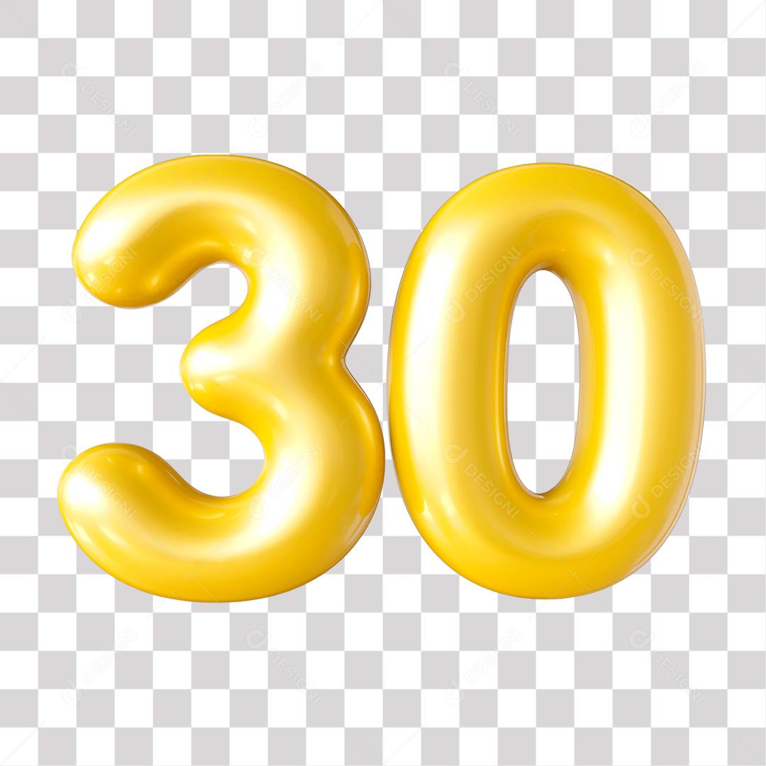 Número 3D 30 Dourado para Composição PNG Transparente Sem Fundo