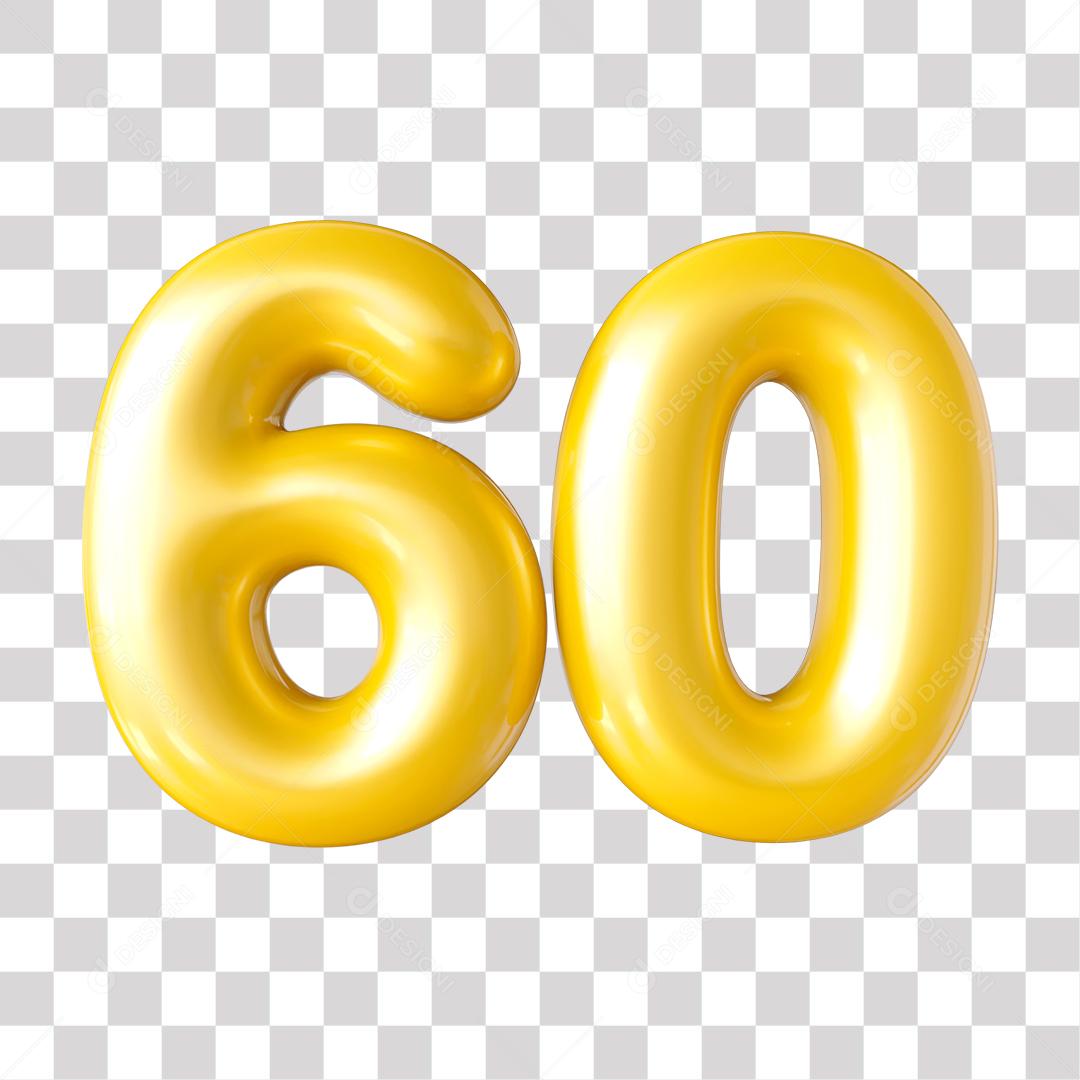 Número 3D 60 Dourado para Composição PNG Transparente Sem Fundo