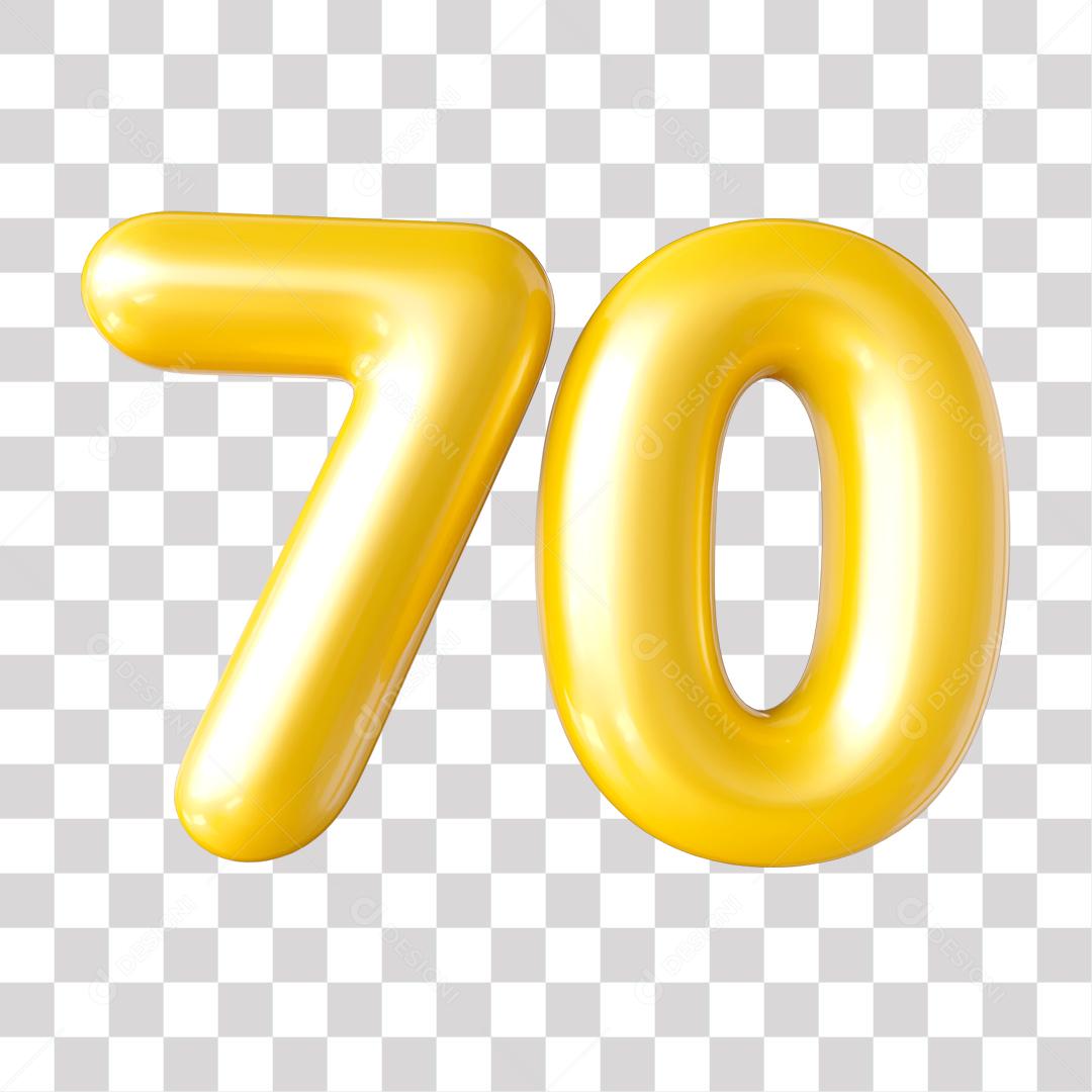 Número 3D 70 Dourado para Composição PNG Transparente Sem Fundo