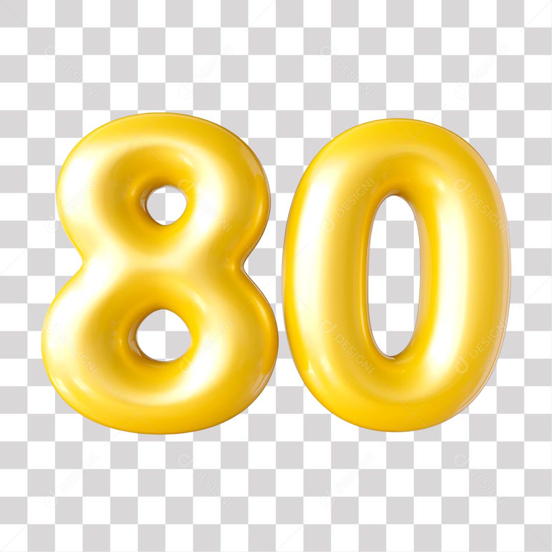 Número 3D 80 Dourado para Composição PNG Transparente Sem Fundo