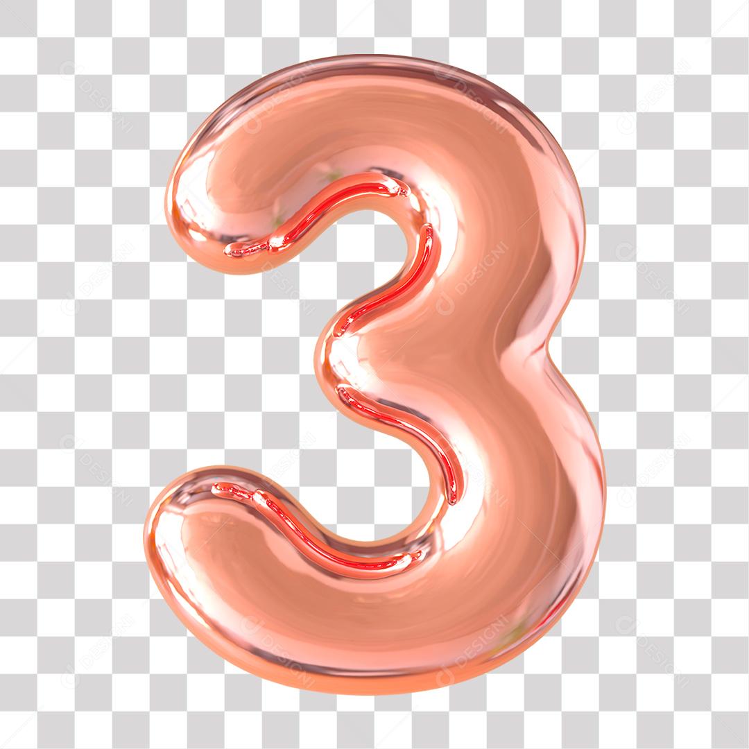 Número 3D 3 Rosa para Composição PNG Transparente Sem Fundo