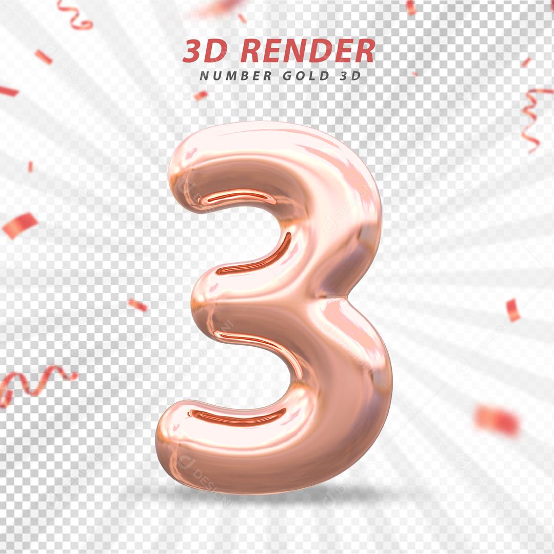 Número 3D 3 Rosa Para composição PSD