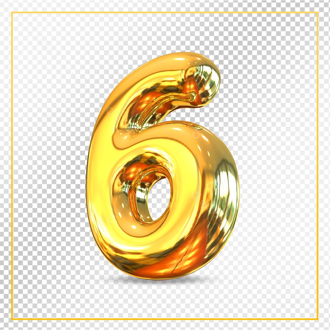 Número 3D 6 Dourado Para composição PSD