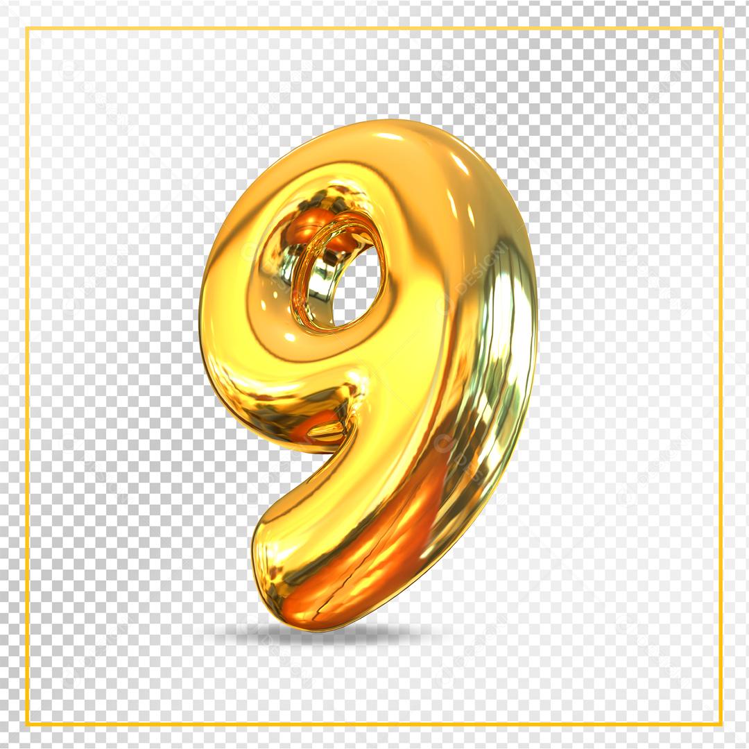 Número 3D 9 Dourado Para composição PSD