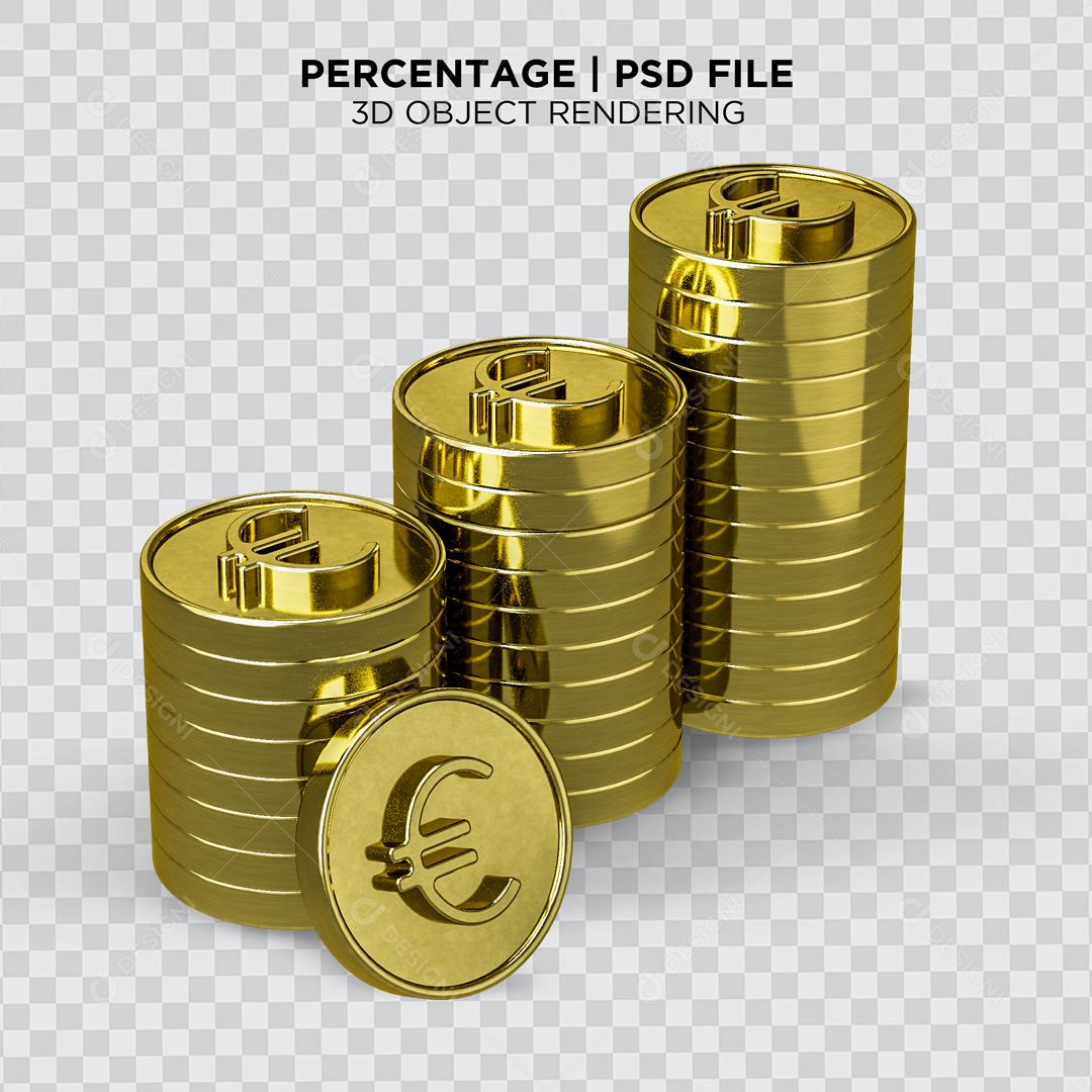 Pilhas de Moedas de Euro Dourada Elemento 3D para Composição PSD