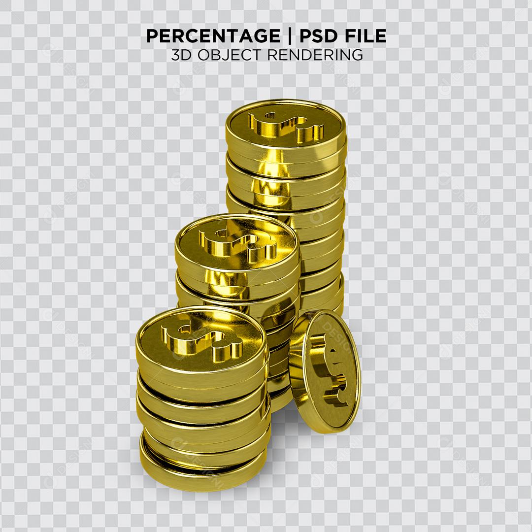 Pilhas de Moedas de Dólar Dourada Elemento 3D para Composição PSD