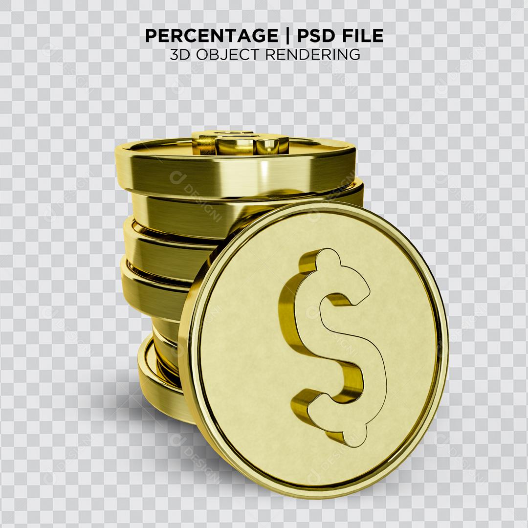 Pilha de Moeda de Dólar Dourada Elemento 3D para Composição PSD