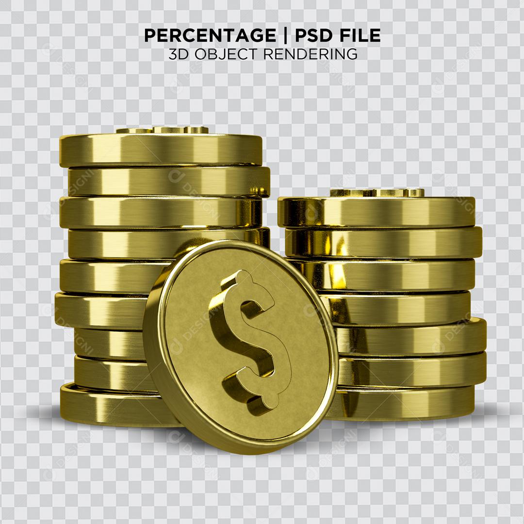 Pilhas de Moeda de Dólar Dourada Elemento 3D para Composição PSD