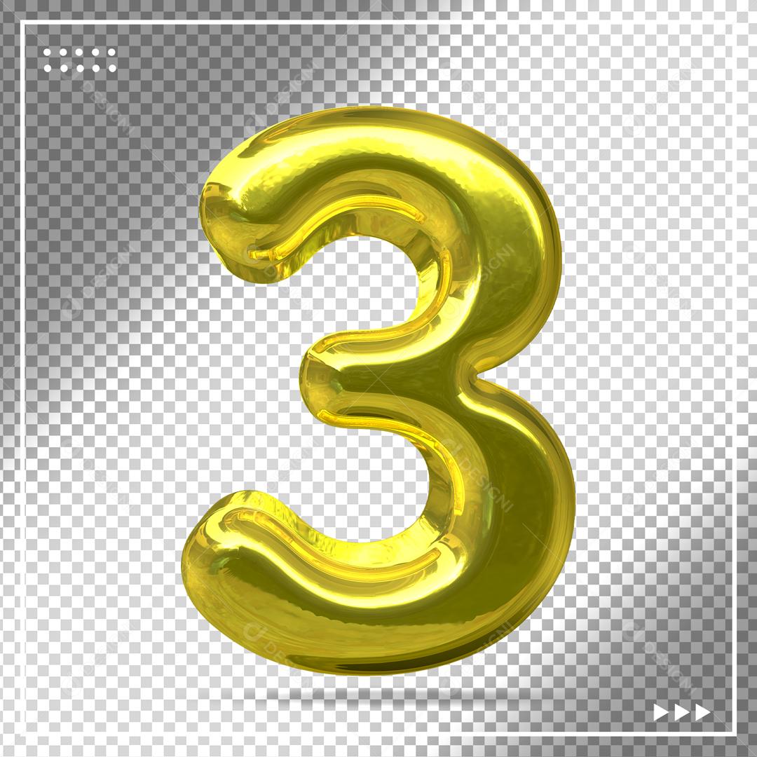 Balão Dourado 3D Número 3 Elemento para Composição PSD