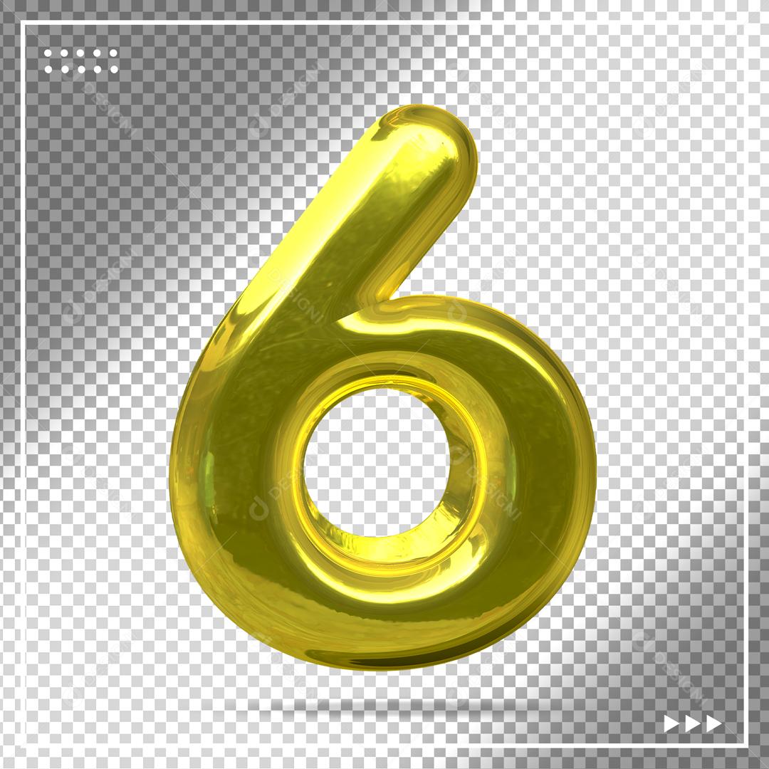 Balão Dourado 3D Número 6 Elemento para Composição PSD