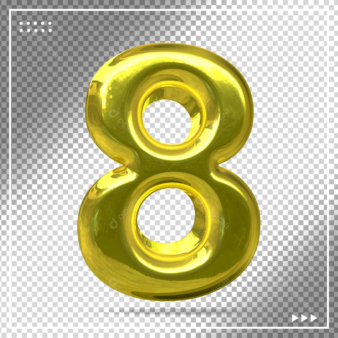 Balão Dourado 3D Número 8 Elemento para Composição PSD