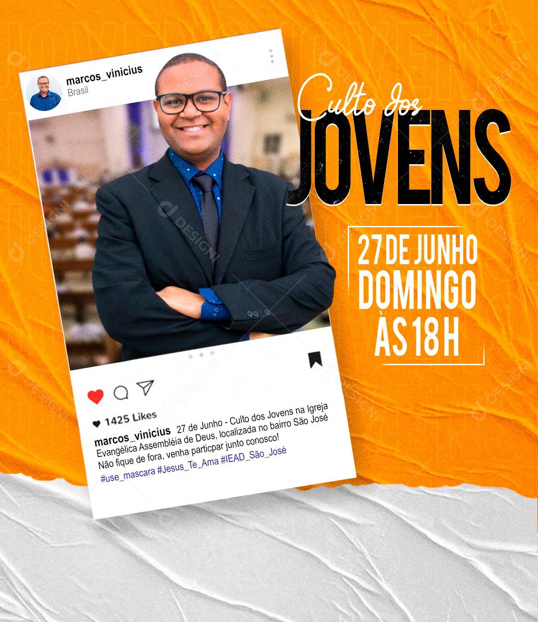 Flyer Igreja Culto dos Jovens Pastor Marcos Social Media PSD Editável