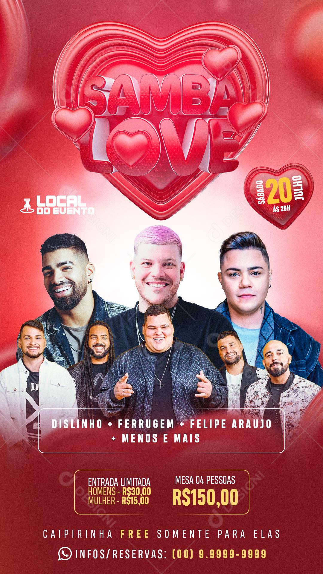 Flyer Story Samba Love Cantores de Samba e Pagode Social Media PSD Editável