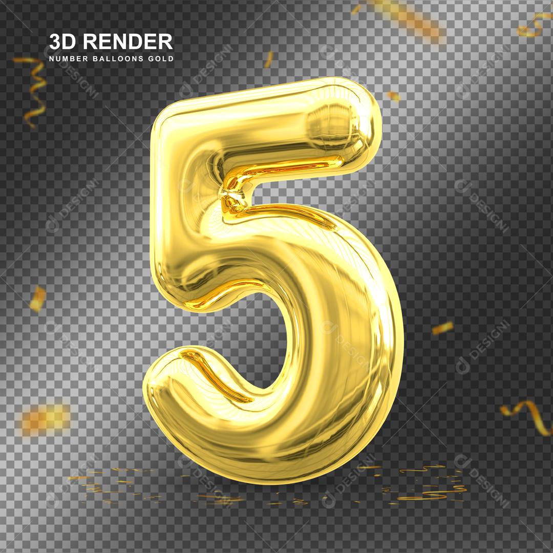 Número 3D 5 Dourado Para composição PSD