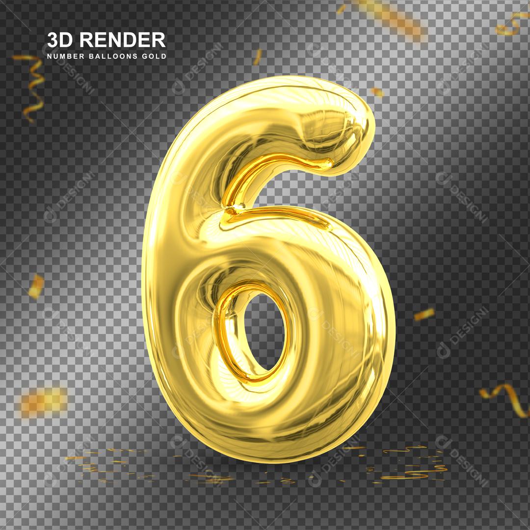 Número 3D 6 Dourado Para composição PSD