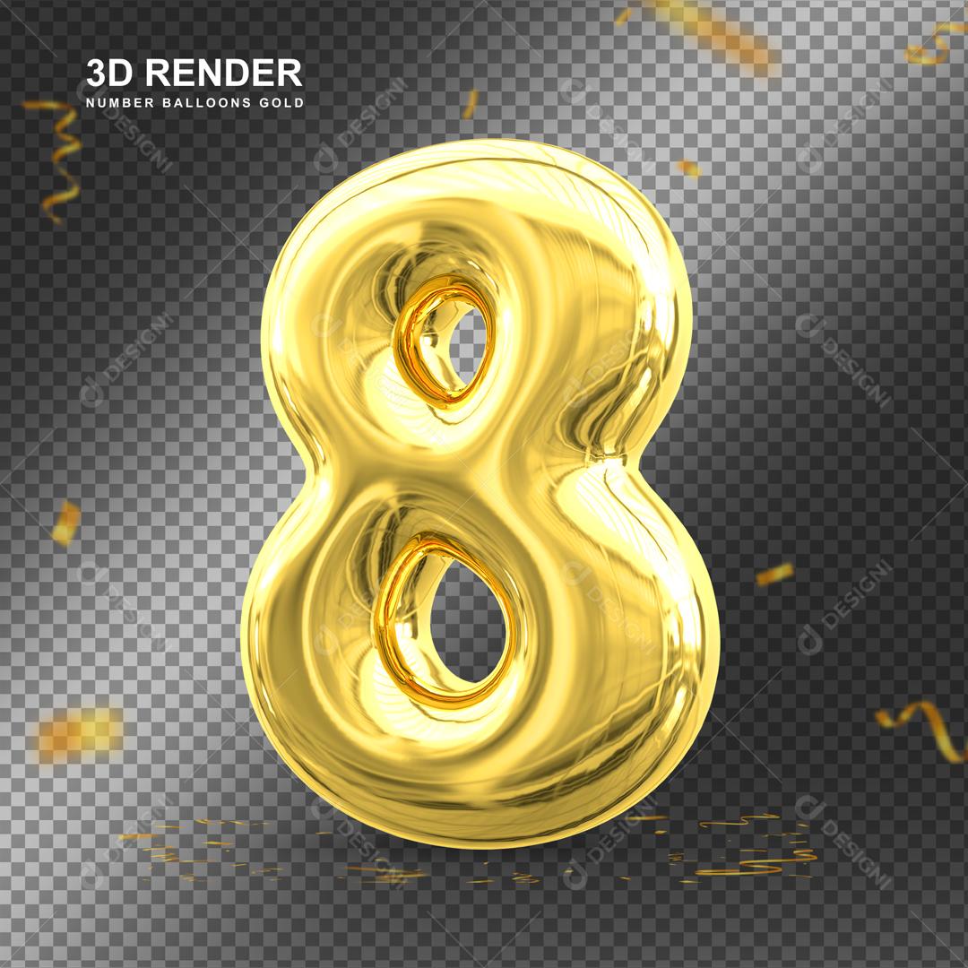 Número 3D 8 Dourado Para composição PSD