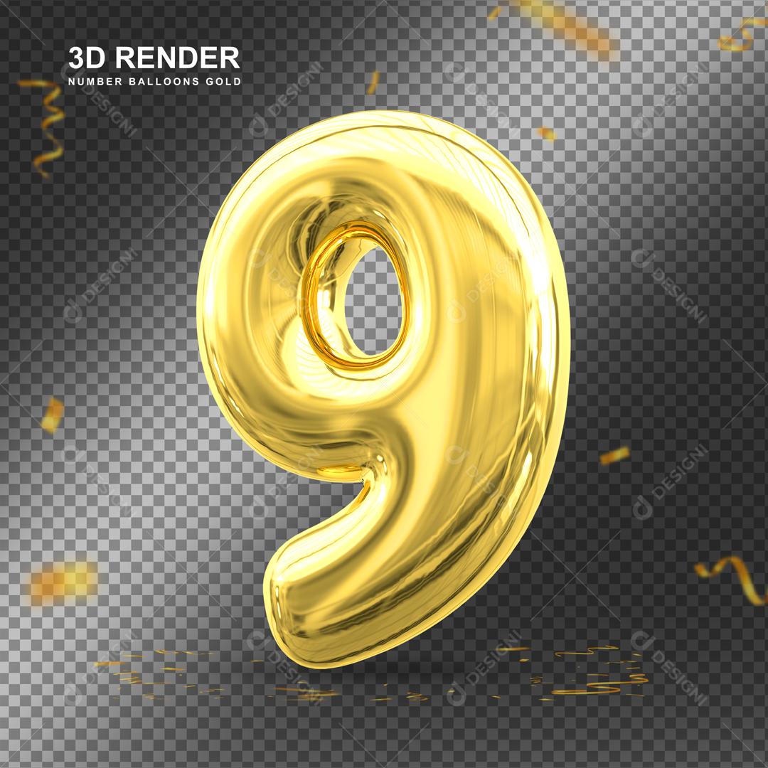 Número 3D 9 Dourado Para composição PSD