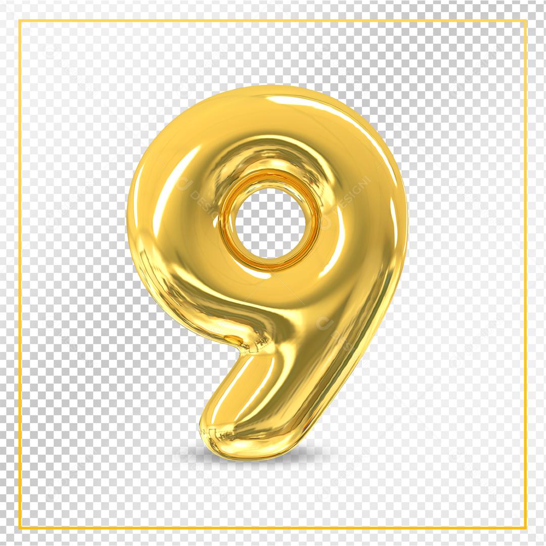 Número 9 Dourado 3D Para composição PSD