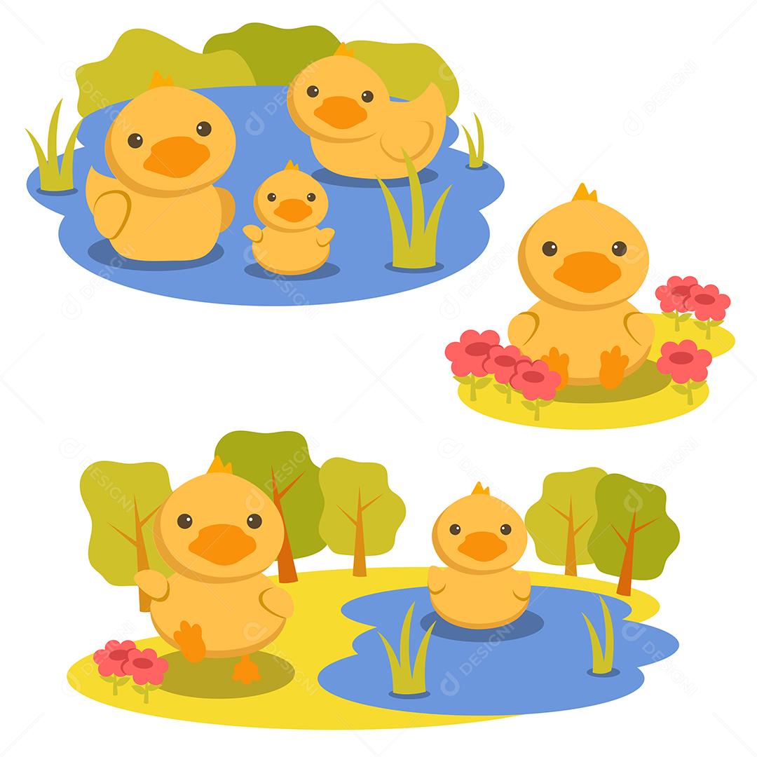 conjunto de personagem animais patos brincando na água e no jardim de flores Vetor EPS