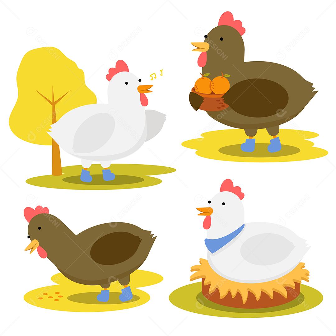 Galinhas brancas sentam, incubam e cantam, galinhas pretas comem comida e coletam laranjas Vetor EPS