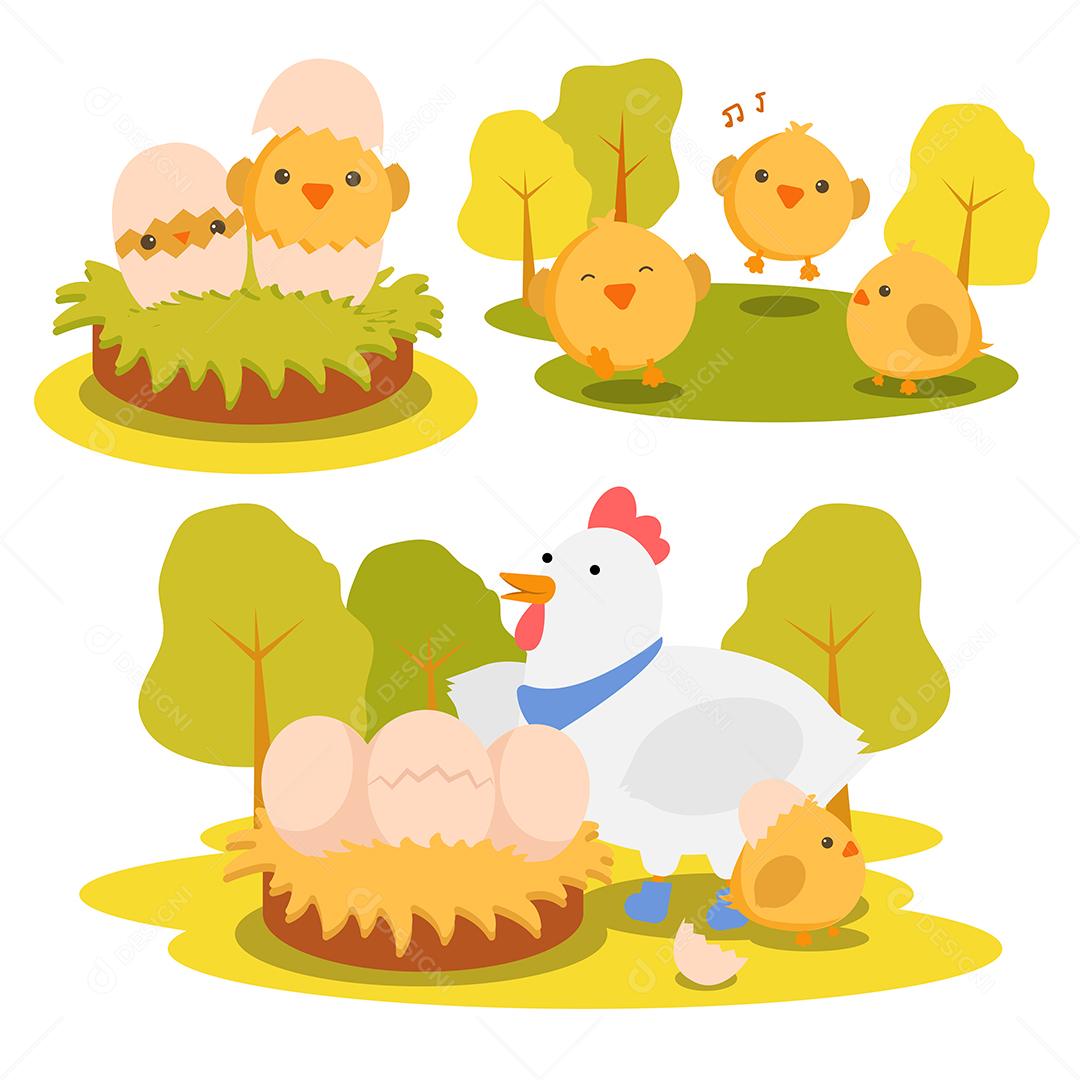 conjunto de personagem animal com galinhas com pintinho e ovos Vetor EPS
