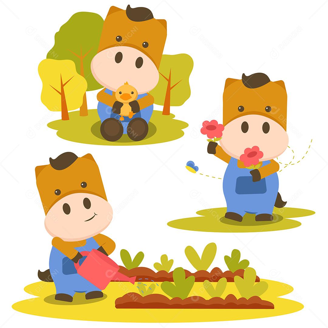 conjunto de personagem animal com vacas que regam, coletam flores e brincam com o pintinho Vetor EPS