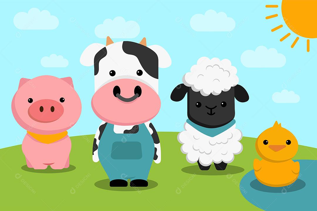 conjunto de personagem animal com porcos, vacas leiteiras, ovelhas e filhotes no gramado Vetor EPS