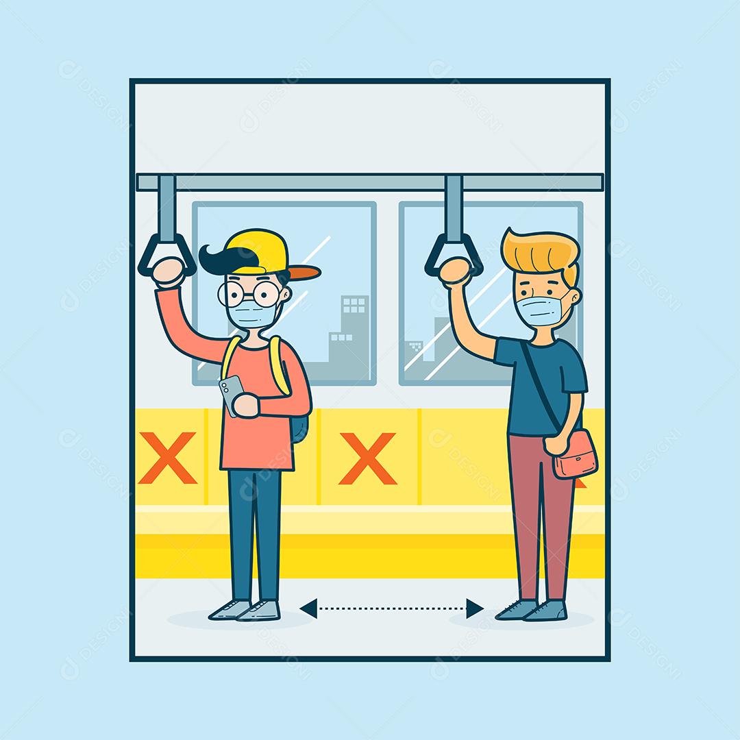 Pessoas usando máscaras e distanciamento social