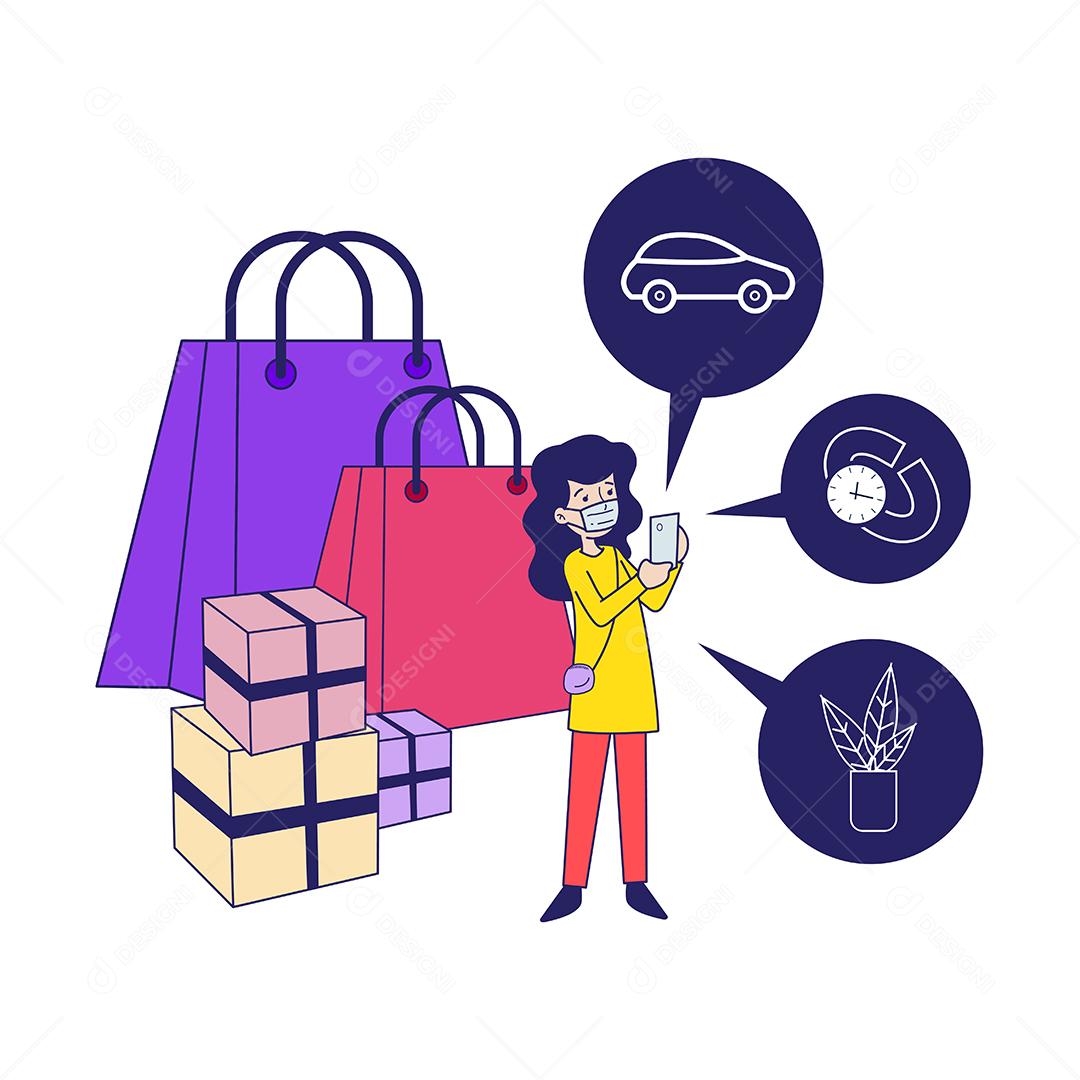 Mulher usando uma máscara usaando seu smartphone ao fazer compras para evitar infecções.