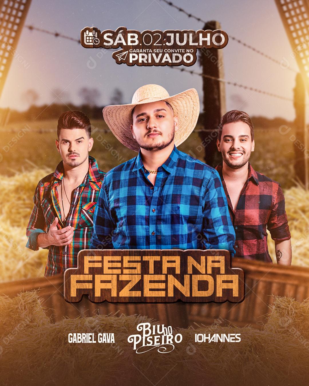 Flyer Festa na Fazenda Gabriel Gava, Biu do Piseiro e Iohannes Social Media PSD Editável