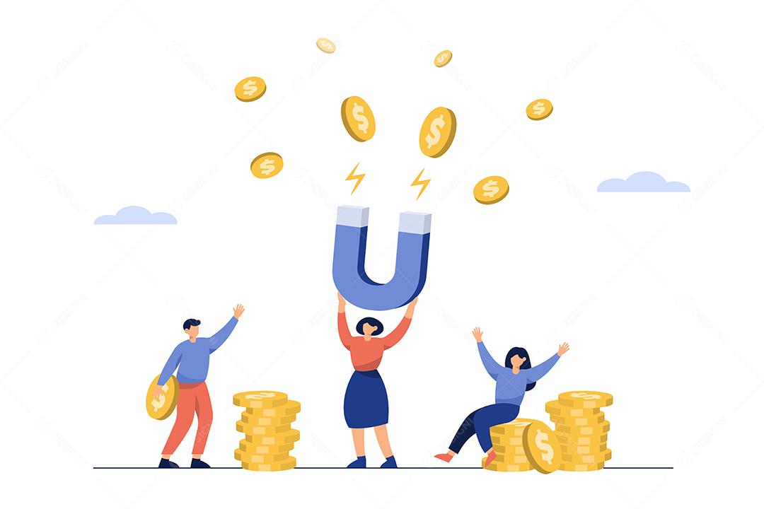 Mulher de negócios de conceito de ideia usando um ímã atrai dinheiro ao redor Vetor EPS