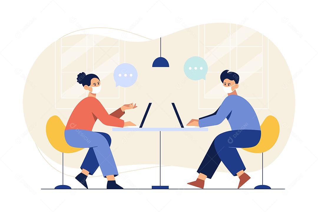 Um homem e uma mulher usando uma máscara trabalhando com um laptop Vetor