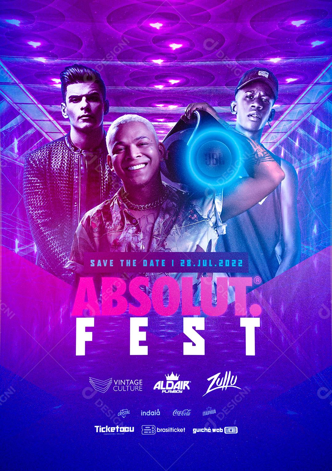 Social Media Absolut Fest Vintage Culture Aldair Playboy Zullu Flyer PSD Editável