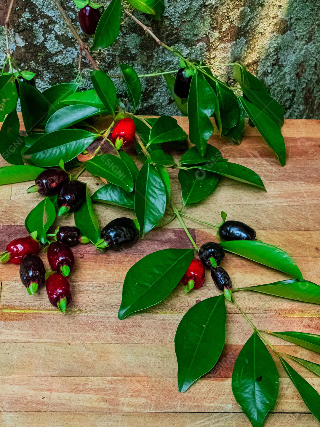 Fruta muda de cereja mesa madeira folha verde galhos