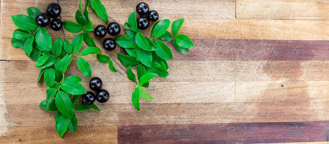 Jabuticaba sobre tigela branca mesa madeira folha verde