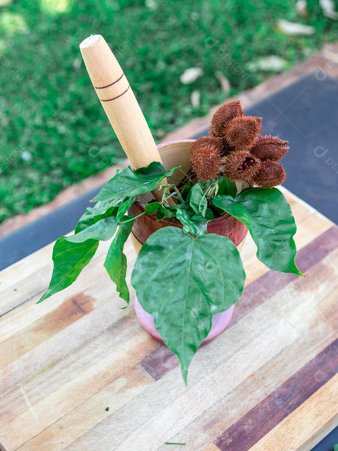 Urucum on a table pestle wooden spoon