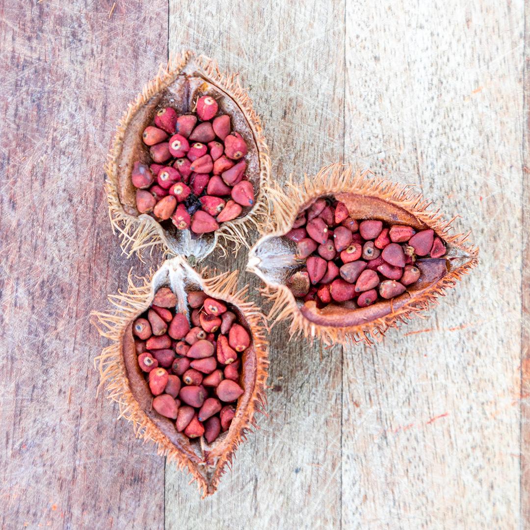 Urucum sobre uma mesa pilão colher de pau